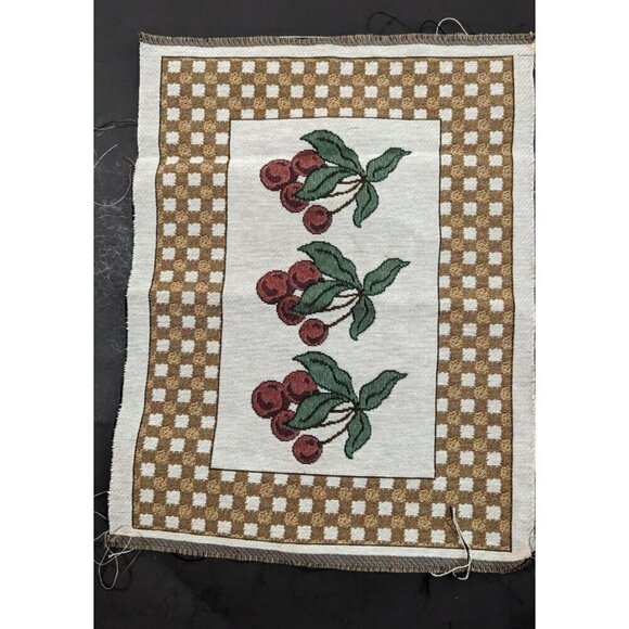 Vintage Cherry Pattern Checkerboard Woven Tapestry fabric panel set of 2 - Picture 4 of 6